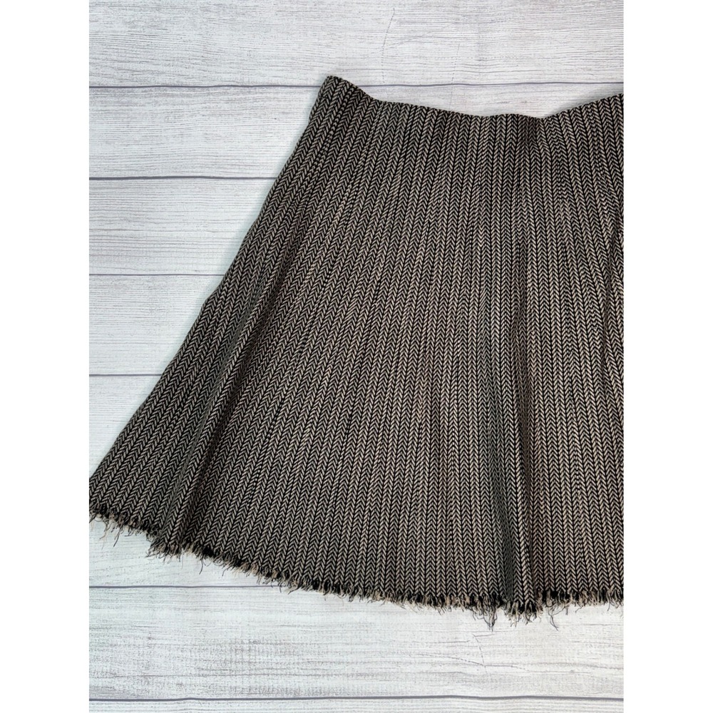 Vila Milano XL Black Tan Chevron Herringbone Knit A-Line Skirt Raw Fringe Hem - Picture 7 of 10